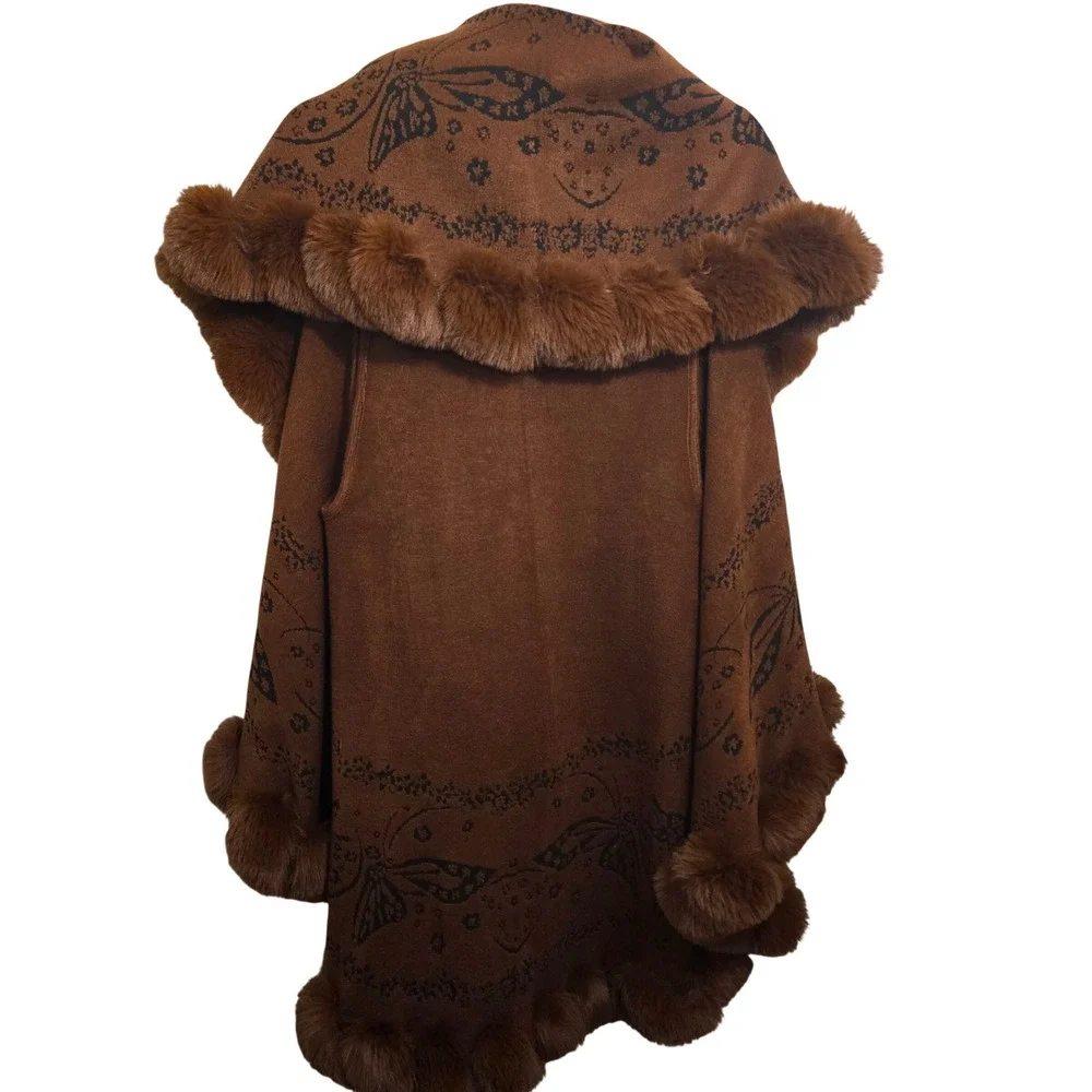 Butterfly Print Faux Fur Trim Knit Shawl Kimono Wrap Brown Cape Scarf One‎ Size